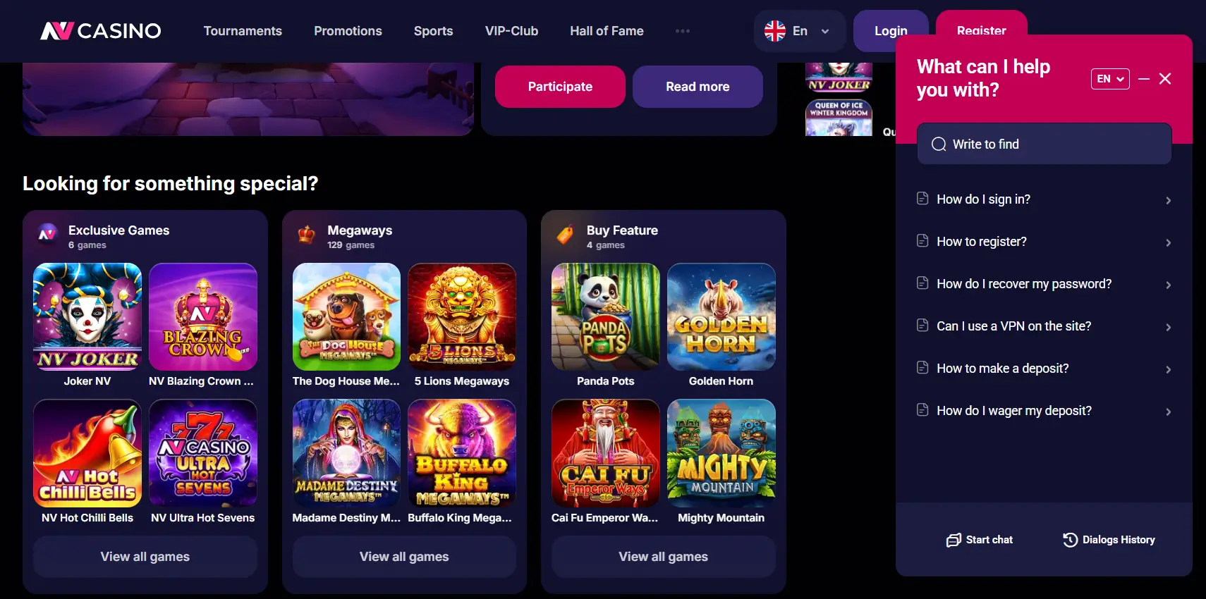 NV Casino klientų aptarnavimą